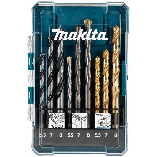 Makita 9-Piece Mixed Drill Bit Set in Case (D-71978) – For Metal, Masonry & Wood