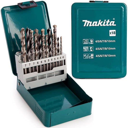 Makita 18-Piece Mixed Drill Bit Set in Metal Case (D-47173) – For HSS, Wood & Masonry